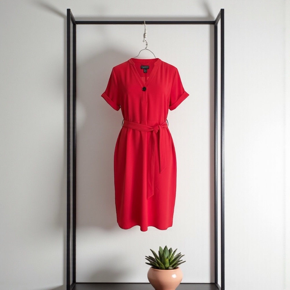 Frank Lyman Bright Pink Red Belted Dress w/pockets SZ 6